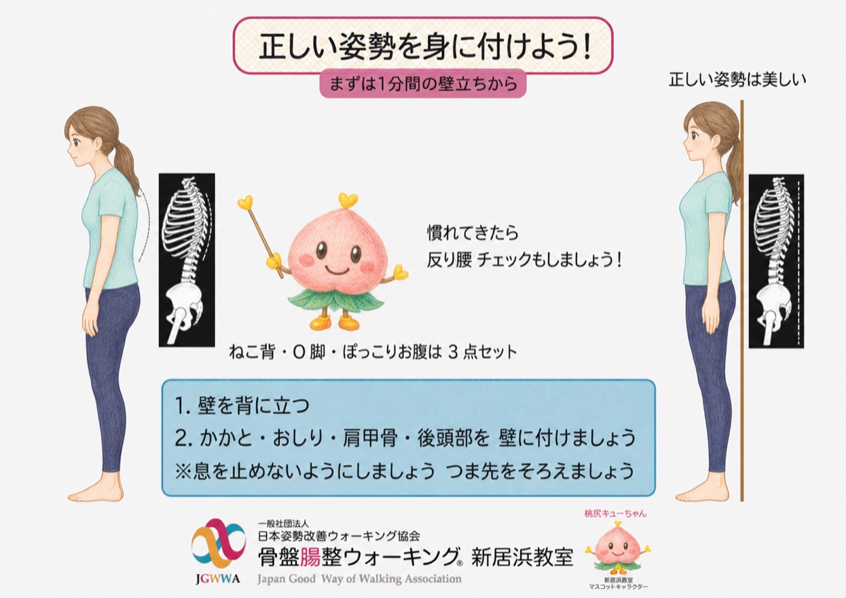正しい姿勢を身に付けよう！まずは1分間の壁立ちから — 壁を背に立ち、かかと・おしり・肩甲骨・後頭部を壁に付ける姿勢チェックの図